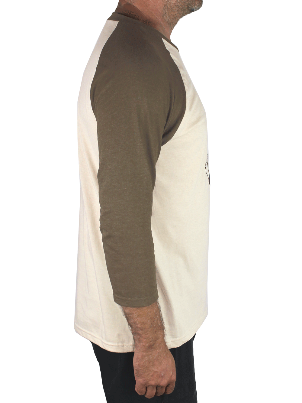 Side view of Kaoru Betto Baseball shirt, with an olive green heather raglan sleeve and a beige body