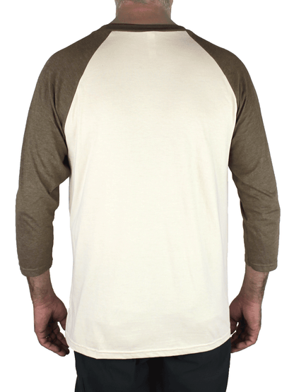 Back view of a Kaoru Betto baseball shirt with olive green raglan sleeves and a beige body